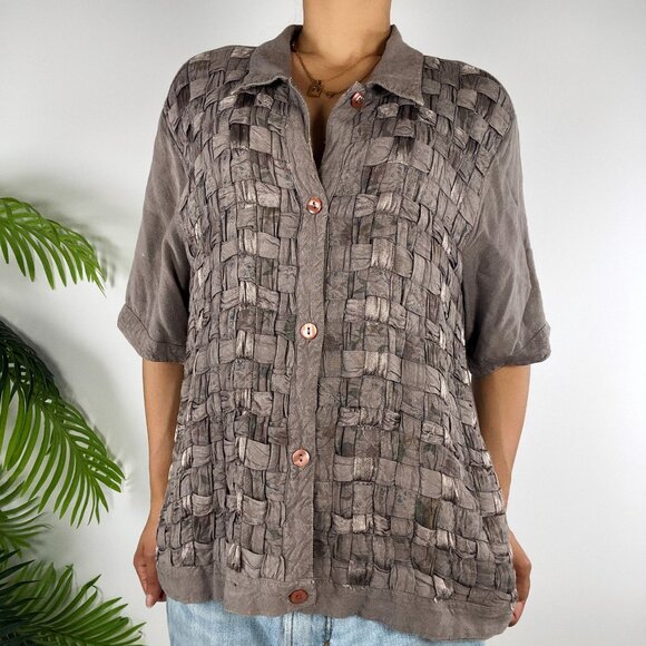 Vintage 90s Country Wear Casuals Cottagecore Fairy Taupe Floral Weave Shirt / XL - Picture 9 of 9